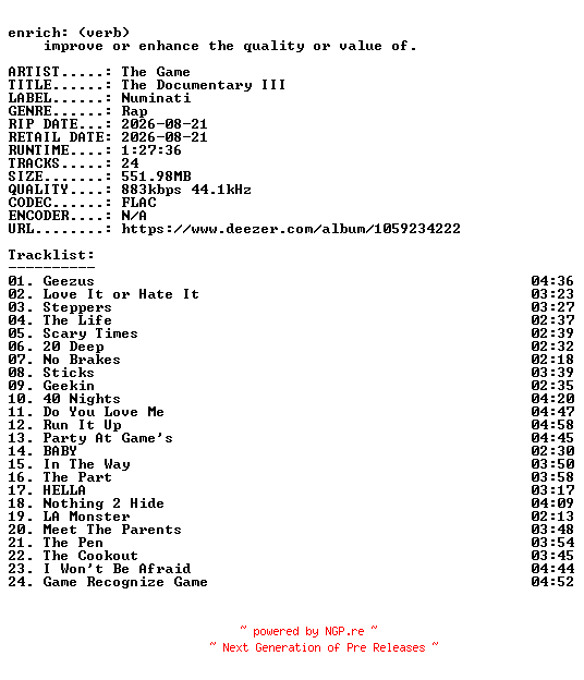NFO for the release The_Game-The_Documentary_III-16BIT-WEB-FLAC-2026-ENRiCH by ENRiCH