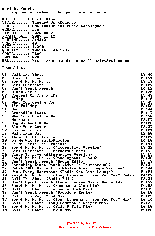 NFO for the release Girls_Aloud-Tangled_Up_(Deluxe)-16BIT-WEB-FLAC-2026-ENRiCH by ENRiCH