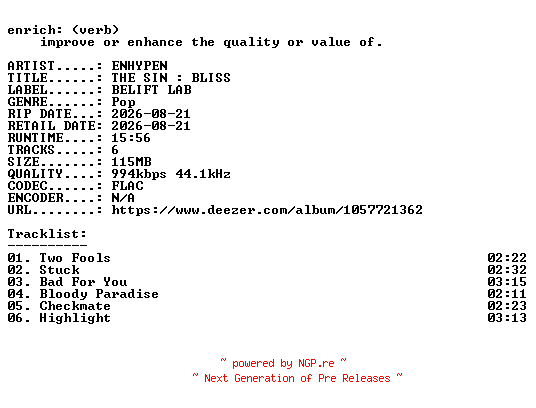 NFO for the release ENHYPEN-THE_SIN__BLISS-KR-EP-16BIT-WEB-FLAC-2026-ENRiCH by ENRiCH