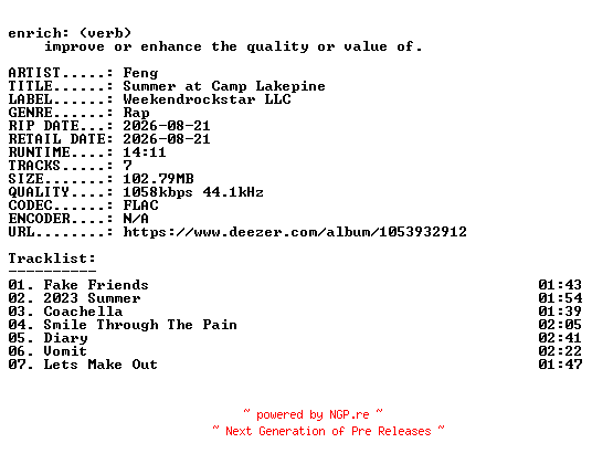 NFO for the release Feng-Summer_at_Camp_Lakepine-EP-16BIT-WEB-FLAC-2026-ENRiCH by ENRiCH