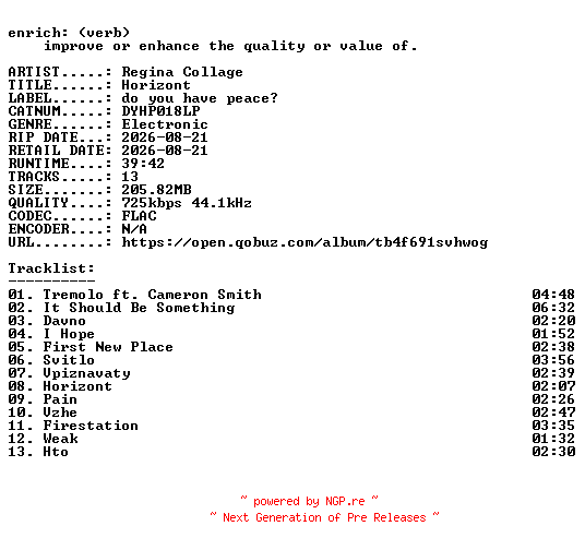 NFO for the release Regina_Collage-Horizont-(DYHP018LP)-16BIT-WEB-FLAC-2026-ENRiCH by ENRiCH