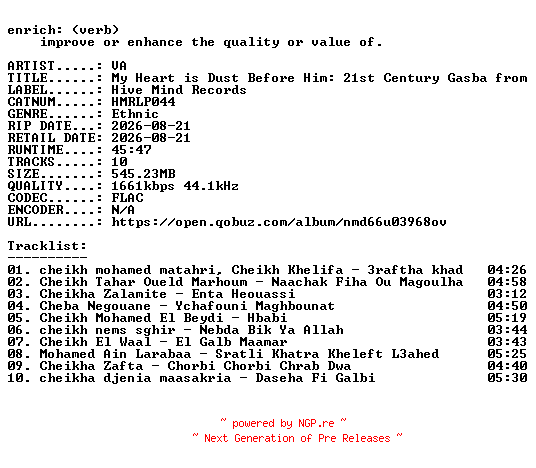 NFO for the release VA-My_Heart_is_Dust_Before_Him_21st_Century_Gasba_from_Algeria-(HMRLP044)-24BIT-WEB-FLAC-2026-ENRiCH by ENRiCH