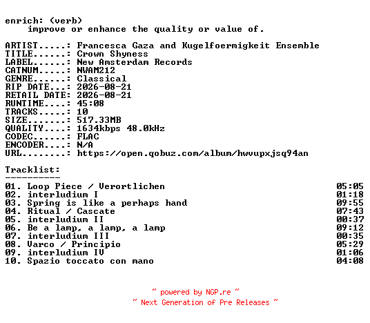 NFO for the release Francesca_Gaza_and_Kugelfoermigkeit_Ensemble-Crown_Shyness-(NWAM212)-24BIT-WEB-FLAC-2026-ENRiCH by ENRiCH