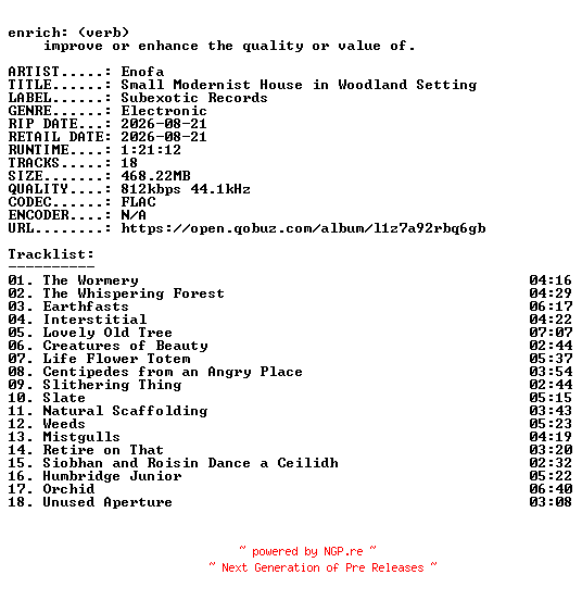 NFO for the release Enofa-Small_Modernist_House_in_Woodland_Setting-16BIT-WEB-FLAC-2026-ENRiCH by ENRiCH