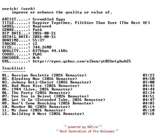 NFO for the release Scrambled_Eggs-Happier_Together_Filthier_Than_Ever_(The_Best_Of)-16BIT-WEB-FLAC-2026-ENRiCH by ENRiCH