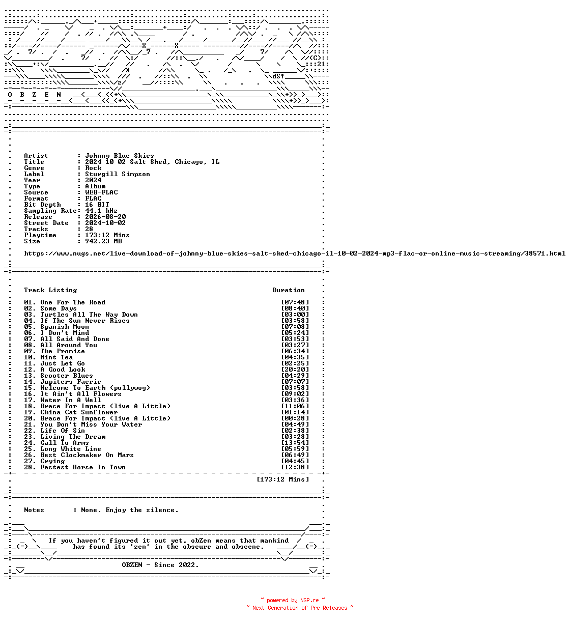 NFO for the release Johnny_Blue_Skies-2024_10_02_Salt_Shed_Chicago_IL-16BIT-WEB-FLAC-2024-OBZEN by OBZEN