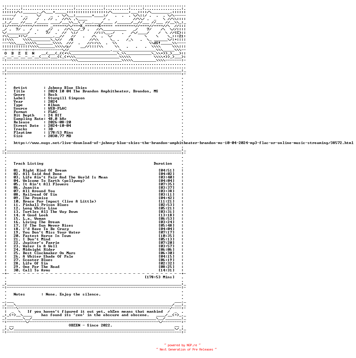 NFO for the release Johnny_Blue_Skies-2024_10_04_The_Brandon_Amphitheater_Brandon_MS-24BIT-48KHZ-WEB-FLAC-2024-OBZEN by OBZEN