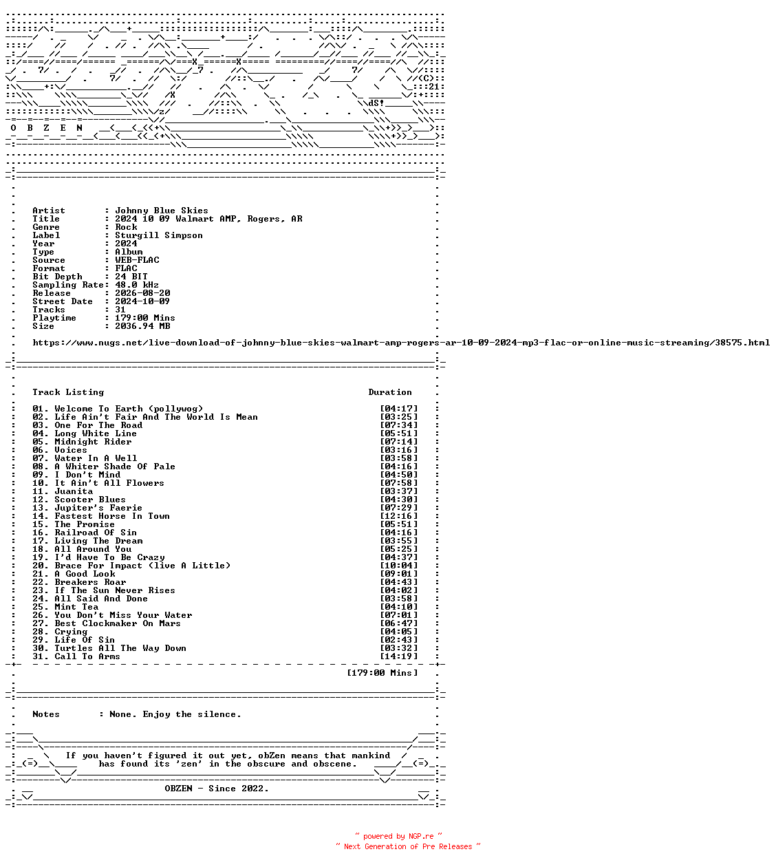 NFO for the release Johnny_Blue_Skies-2024_10_09_Walmart_AMP_Rogers_AR-24BIT-48KHZ-WEB-FLAC-2024-OBZEN by OBZEN