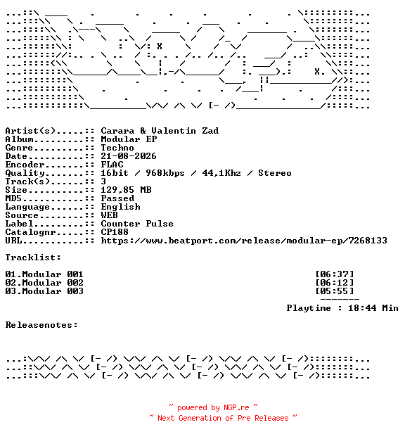 NFO for the release Carara_And_Valentin_Zad-Modular_EP-CP188-16BIT-WEB-FLAC-2026-WAVED by WAVED
