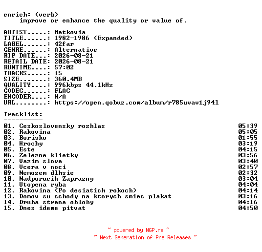 NFO for the release Matkovia-1982-1986_(Expanded)-16BIT-WEB-FLAC-2026-ENRiCH by ENRiCH