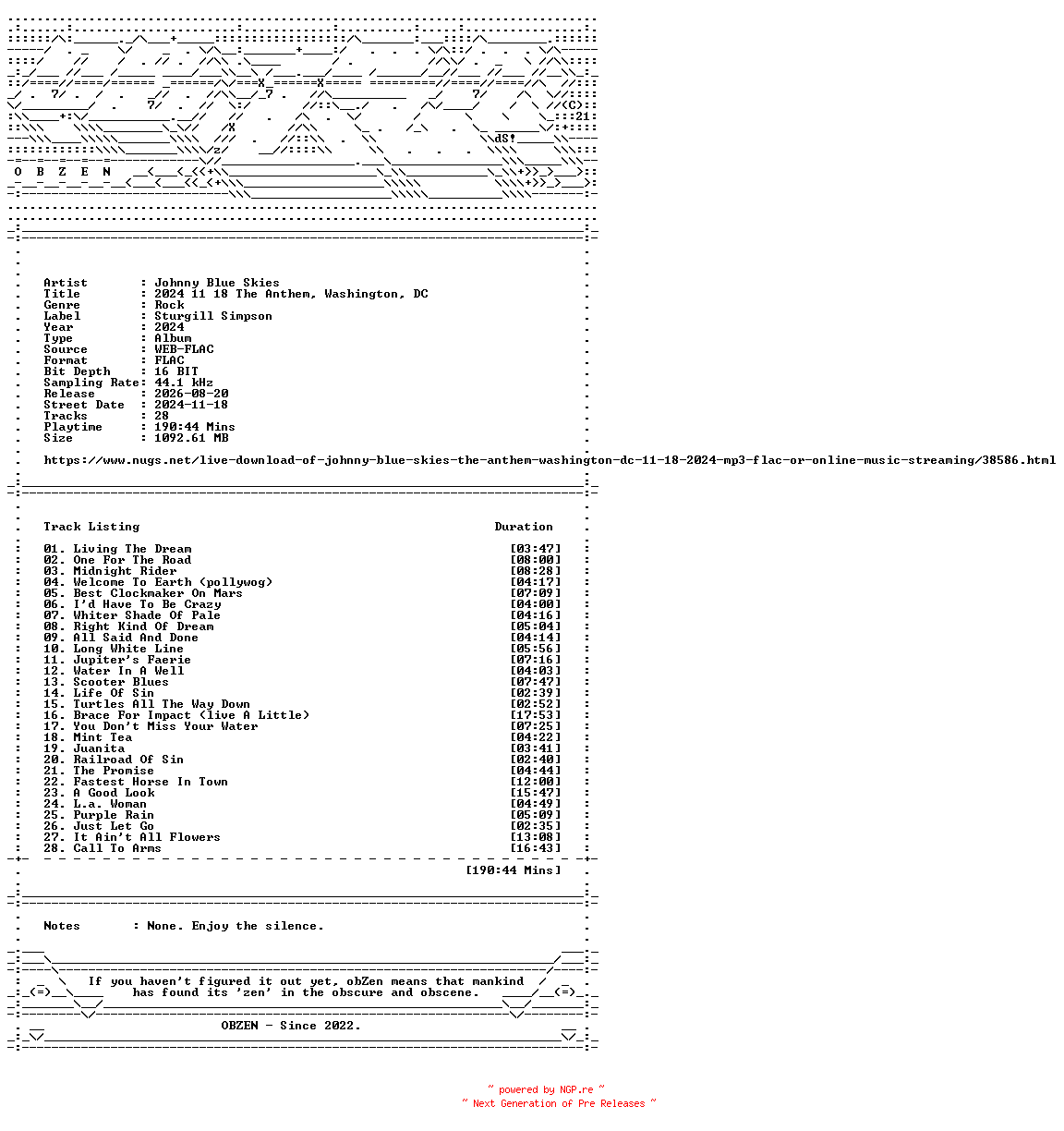 NFO for the release Johnny_Blue_Skies-2024_11_18_The_Anthem_Washington_DC-16BIT-WEB-FLAC-2024-OBZEN by OBZEN