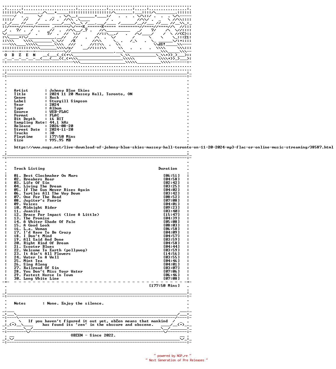 NFO for the release Johnny_Blue_Skies-2024_11_20_Massey_Hall_Toronto_ON-16BIT-WEB-FLAC-2024-OBZEN by OBZEN