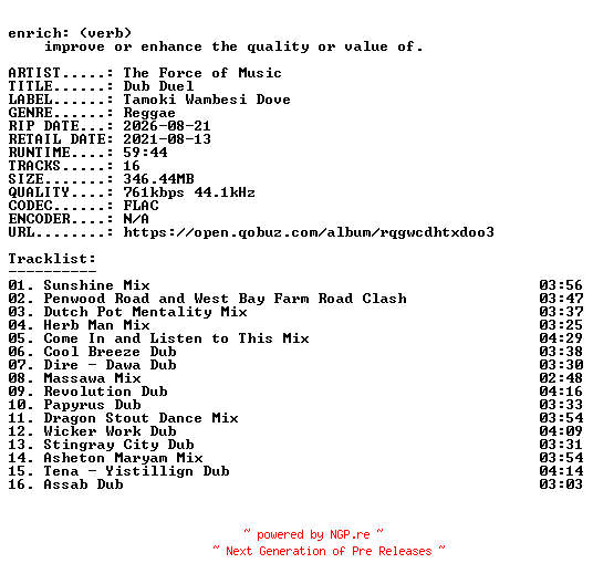 NFO for the release The_Force_of_Music-Dub_Duel-16BIT-WEB-FLAC-2021-ENRiCH by ENRiCH
