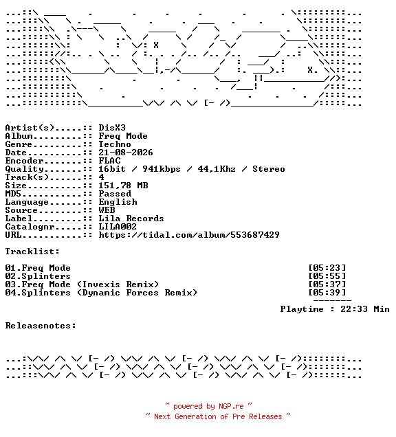 NFO for the release DisX3-Freq_Mode-LILA002-16BIT-WEB-FLAC-2026-WAVED by WAVED