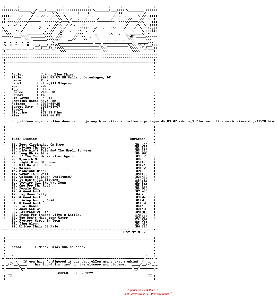 NFO for the release Johnny_Blue_Skies-2025_03_07_KB_Hallen_Copenhagen_DK-24BIT-48KHZ-WEB-FLAC-2025-OBZEN by OBZEN