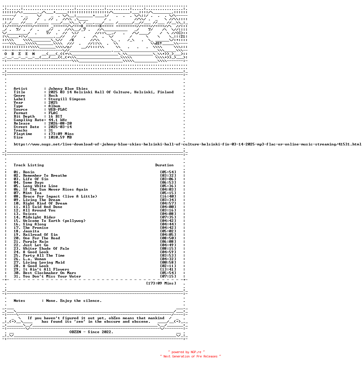 NFO for the release Johnny_Blue_Skies-2025_03_14_Helsinki_Hall_Of_Culture_Helsinki_Finland-16BIT-WEB-FLAC-2025-OBZEN by OBZEN