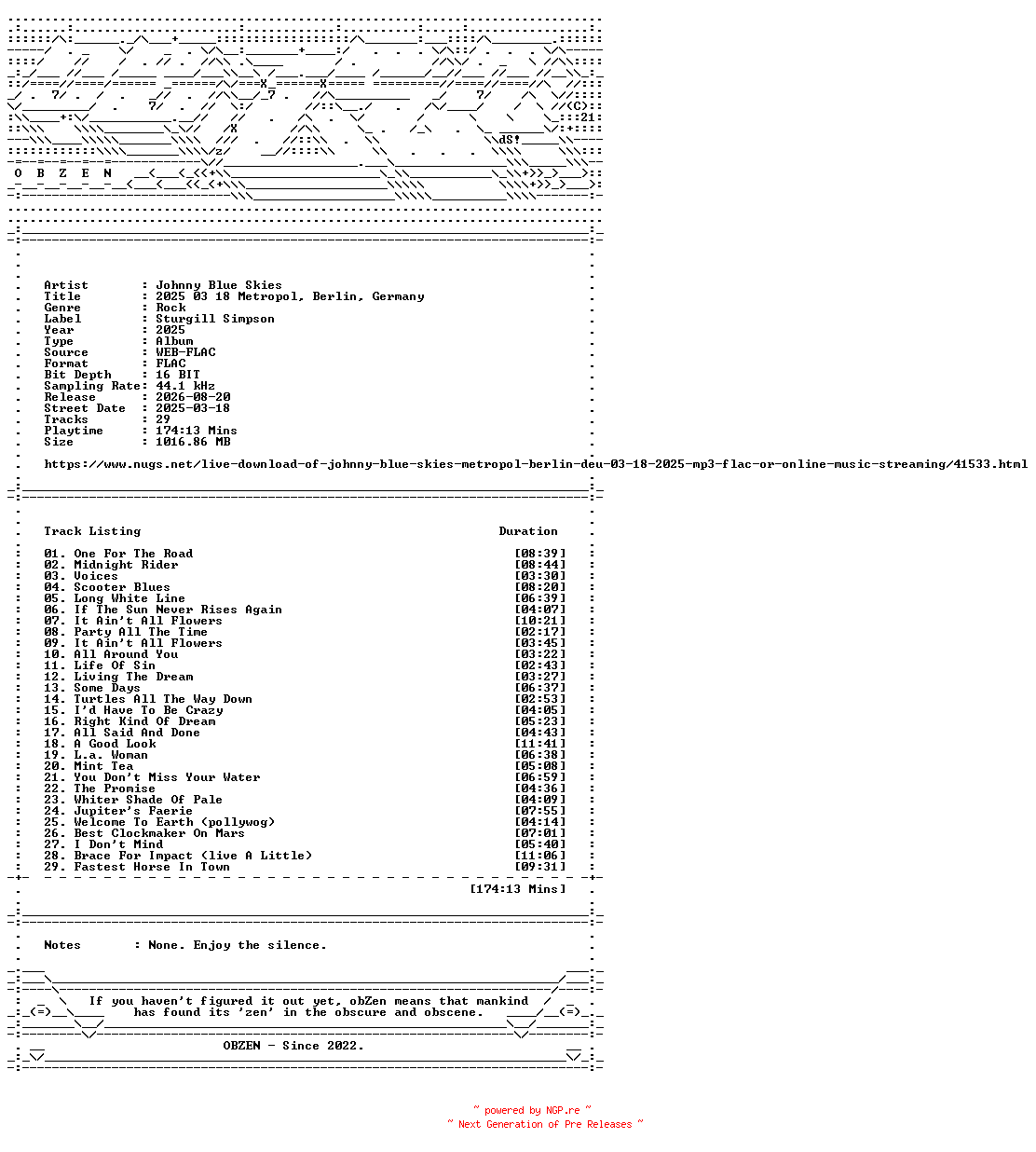 NFO for the release Johnny_Blue_Skies-2025_03_18_Metropol_Berlin_Germany-16BIT-WEB-FLAC-2025-OBZEN by OBZEN