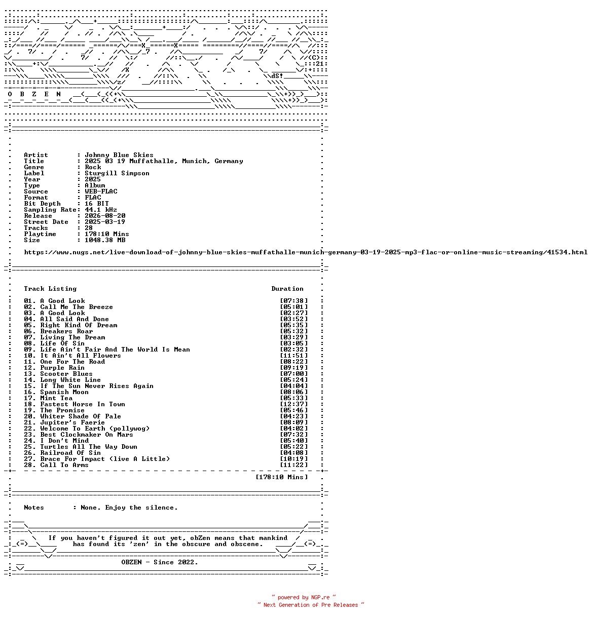 NFO for the release Johnny_Blue_Skies-2025_03_19_Muffathalle_Munich_Germany-16BIT-WEB-FLAC-2025-OBZEN by OBZEN