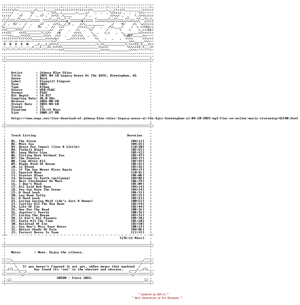 NFO for the release Johnny_Blue_Skies-2025_04_10_Legacy_Arena_At_The_BJCC_Birmingham_AL-24BIT-48KHZ-WEB-FLAC-2025-OBZEN by OBZEN
