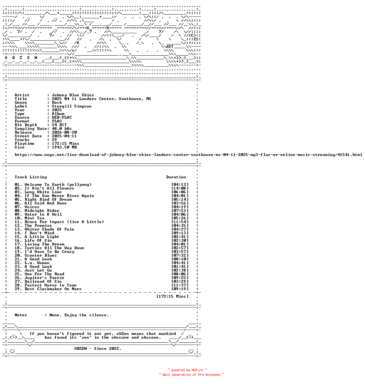 NFO for the release Johnny_Blue_Skies-2025_04_11_Landers_Center_Southaven_MS-24BIT-48KHZ-WEB-FLAC-2025-OBZEN by OBZEN