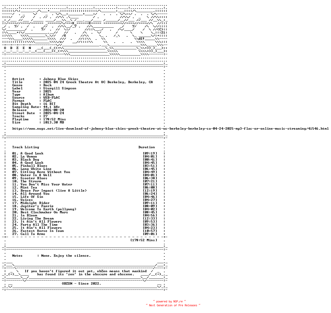 NFO for the release Johnny_Blue_Skies-2025_04_24_Greek_Theatre_At_UC_Berkeley_Berkeley_CA-16BIT-WEB-FLAC-2025-OBZEN by OBZEN