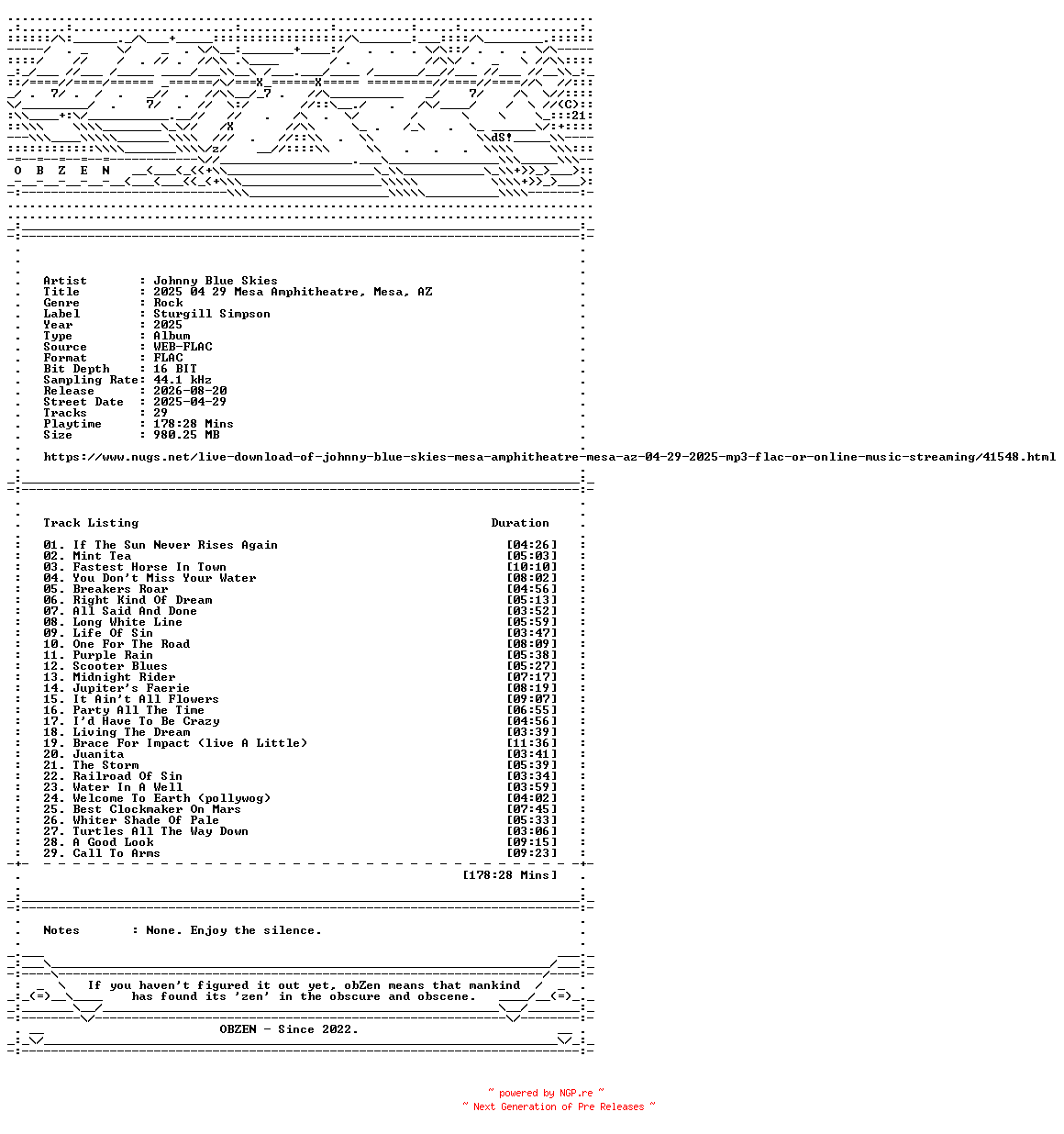 NFO for the release Johnny_Blue_Skies-2025_04_29_Mesa_Amphitheatre_Mesa_AZ-16BIT-WEB-FLAC-2025-OBZEN by OBZEN