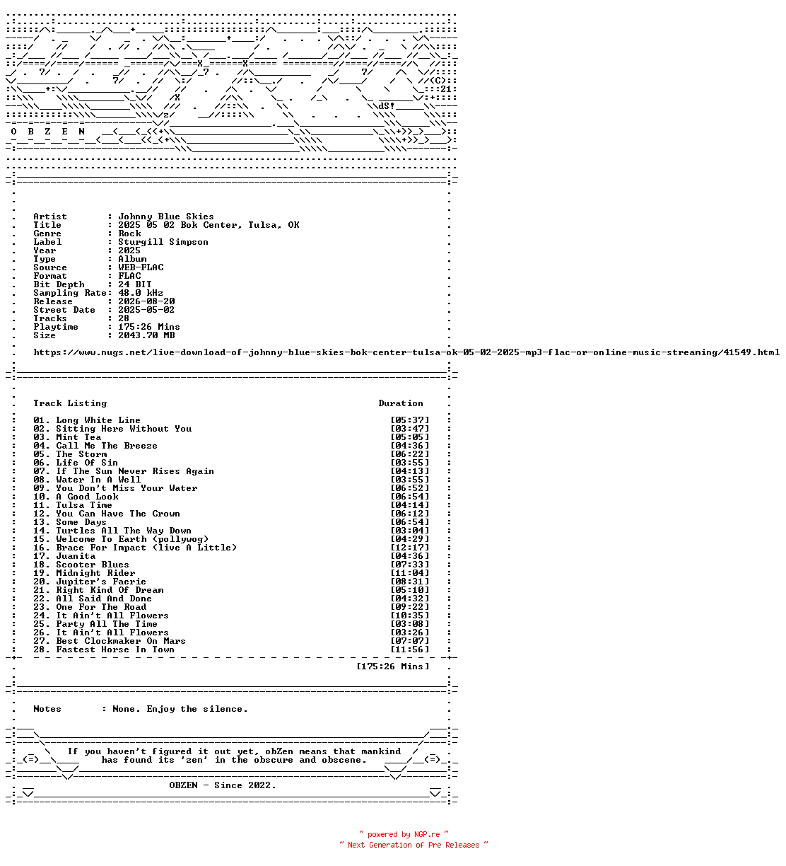 NFO for the release Johnny_Blue_Skies-2025_05_02_Bok_Center_Tulsa_OK-24BIT-48KHZ-WEB-FLAC-2025-OBZEN by OBZEN