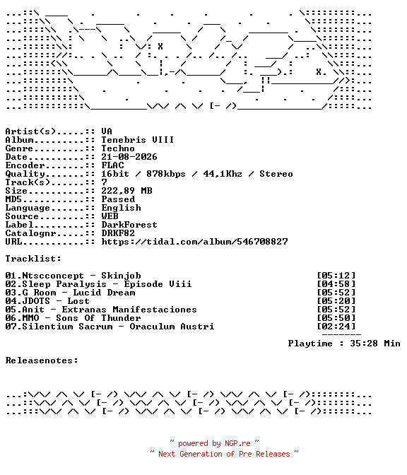 NFO for the release VA-Tenebris_VIII-DRKF82-16BIT-WEB-FLAC-2026-WAVED by WAVED
