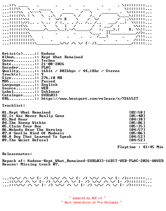 NFO for the release Hadone-Kept_What_Remained-SUBL033-REPACK-16BIT-WEB-FLAC-2026-WAVED by WAVED