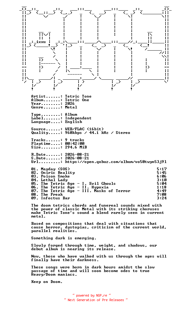 NFO for the release Tetric_Tone-Tetric_One-16BIT-WEB-FLAC-2026-MOONBLOOD by MOONBLOOD