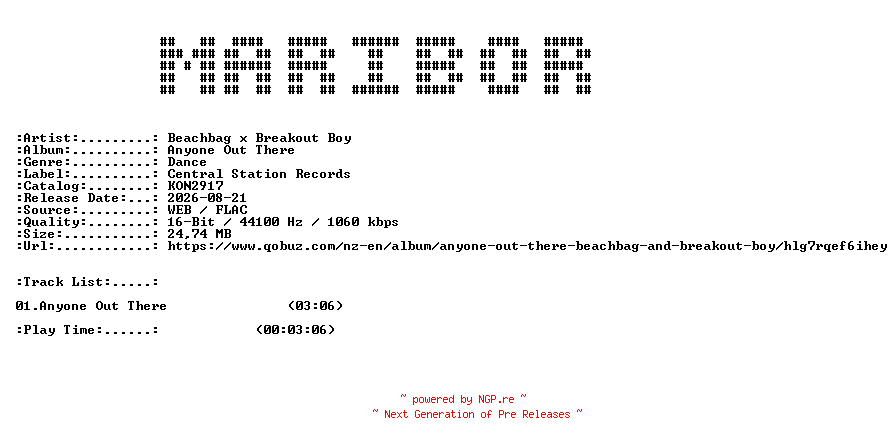 NFO for the release Beachbag_x_Breakout_Boy-Anyone_Out_There-(KON2917)-SINGLE-16BIT-WEB-FLAC-2026-MARiBOR by MARiBOR