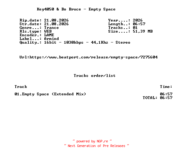 NFO for the release Key4050_And_Bo_Bruce-Empty_Space-(ARMD1843)-SINGLE-16BIT-WEB-FLAC-2026-FMC by FMC