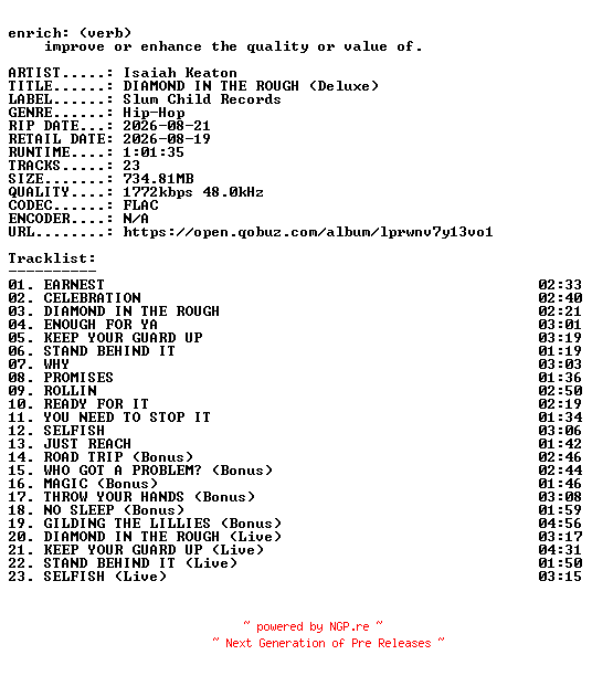 NFO for the release Isaiah_Keaton-DIAMOND_IN_THE_ROUGH_(Deluxe)-24BIT-WEB-FLAC-2026-ENRiCH by ENRiCH