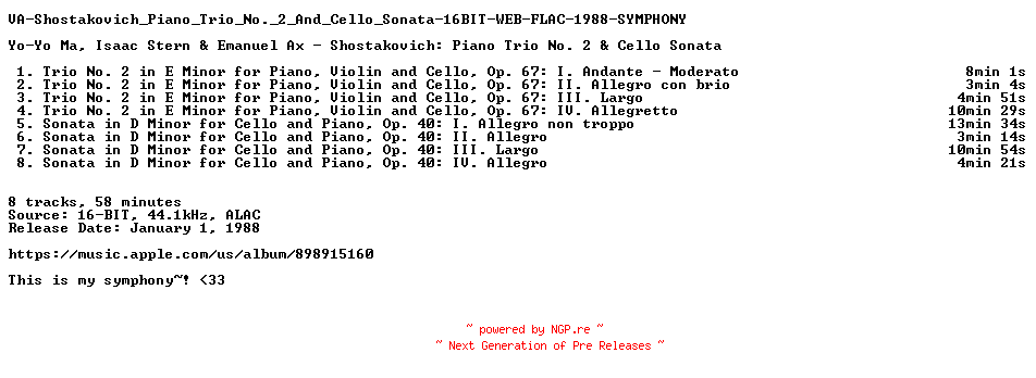 NFO for the release VA-Shostakovich_Piano_Trio_No._2_And_Cello_Sonata-16BIT-WEB-FLAC-1988-SYMPHONY by SYMPHONY