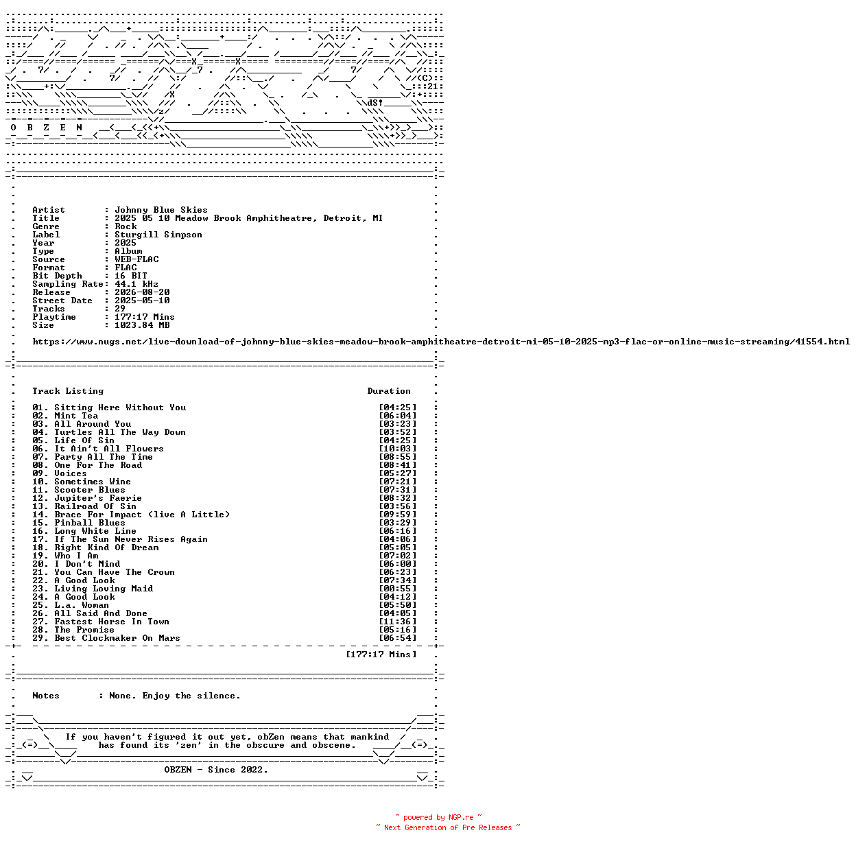 NFO for the release Johnny_Blue_Skies-2025_05_10_Meadow_Brook_Amphitheatre_Detroit_MI-16BIT-WEB-FLAC-2025-OBZEN by OBZEN