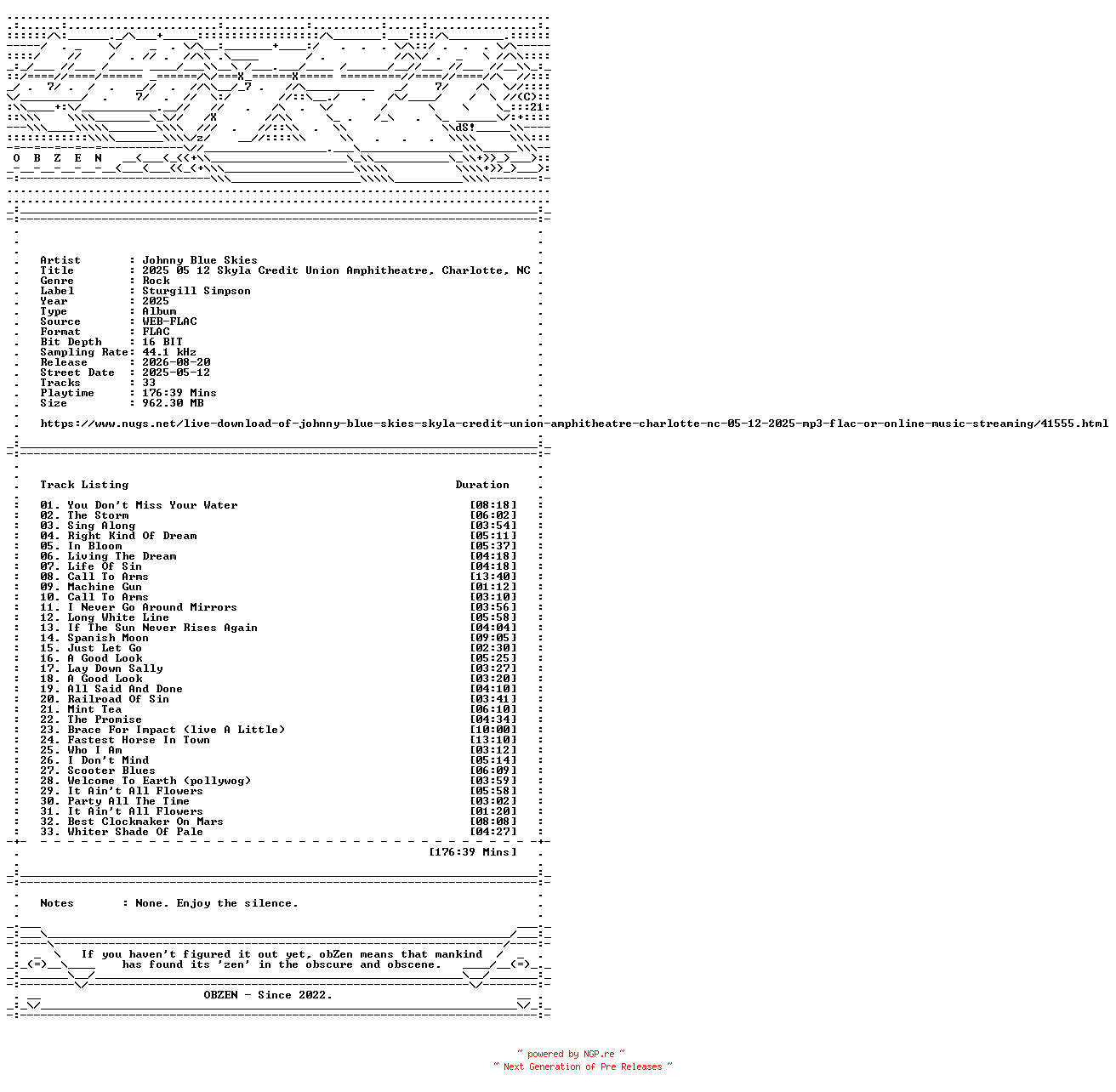 NFO for the release Johnny_Blue_Skies-2025_05_12_Skyla_Credit_Union_Amphitheatre_Charlotte_NC-16BIT-WEB-FLAC-2025-OBZEN by OBZEN