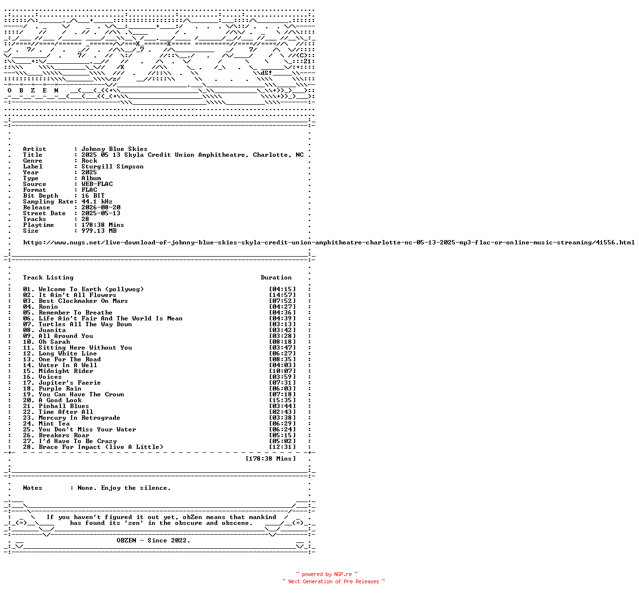 NFO for the release Johnny_Blue_Skies-2025_05_13_Skyla_Credit_Union_Amphitheatre_Charlotte_NC-16BIT-WEB-FLAC-2025-OBZEN by OBZEN