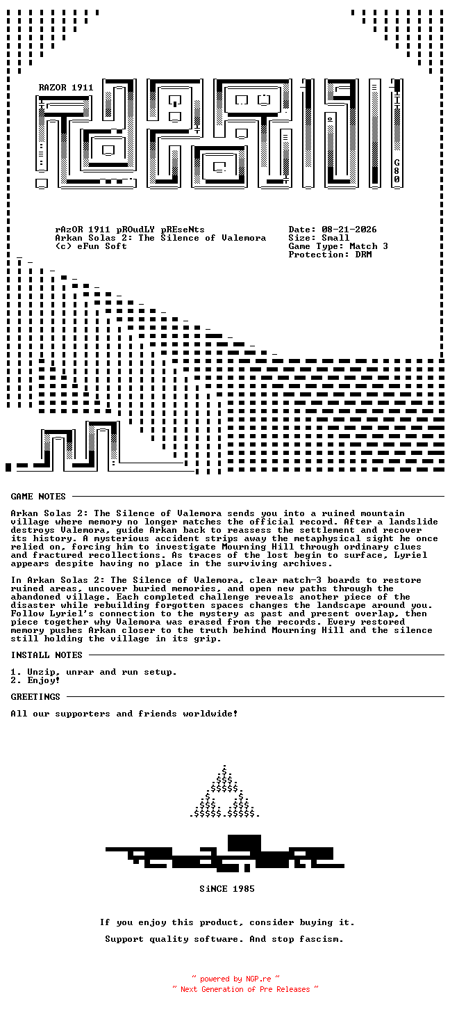NFO for the release Arkan_Solas_2_The_Silence_of_Valemora-RAZOR by RAZOR