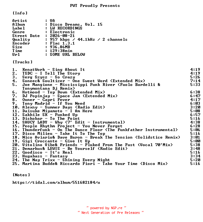 NFO for the release VA-Disco_Dreams_Vol._15-16BIT-WEB-FLAC-2026-PWT by PWT