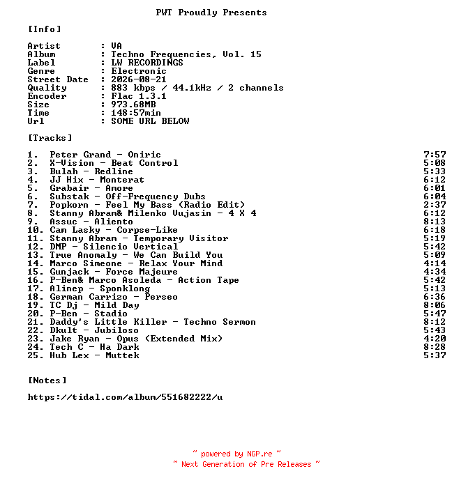 NFO for the release VA-Techno_Frequencies_Vol._15-16BIT-WEB-FLAC-2026-PWT by PWT