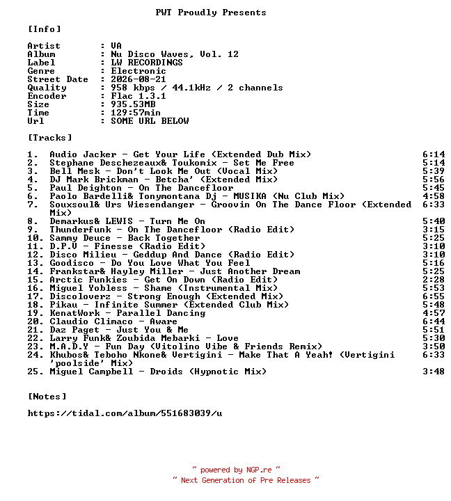 NFO for the release VA-Nu_Disco_Waves_Vol._12-16BIT-WEB-FLAC-2026-PWT by PWT