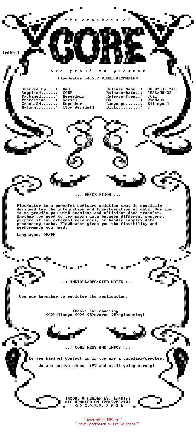 NFO for the release FlowHeater.v4.5.7.x64.Bilingual.Incl.Keymaker-CORE by CORE