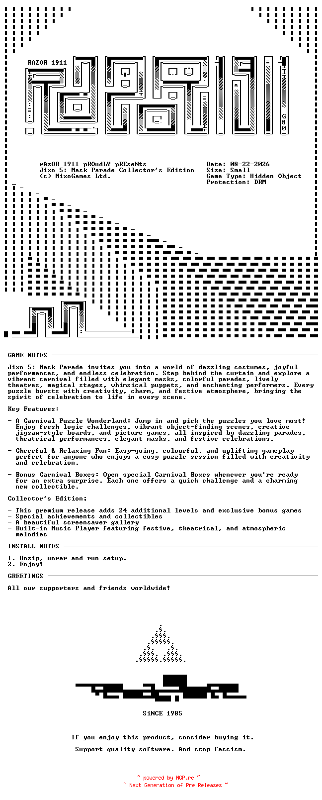 NFO for the release Jixo_5_Mask_Parade_Collectors_Edition-RAZOR by RAZOR