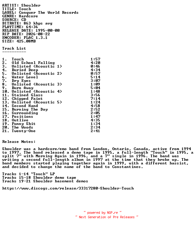 NFO for the release Shoulder-Touch-CD-FLAC-1995-SDR by SDR