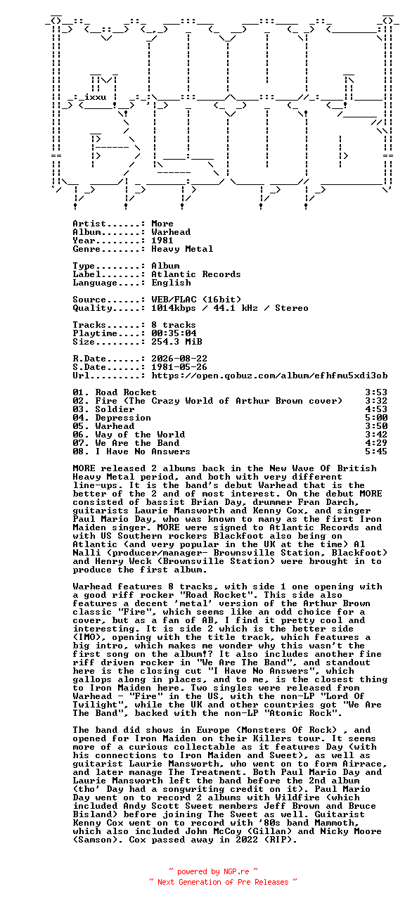 NFO for the release More-Warhead-16BIT-WEB-FLAC-1981-MOONBLOOD by MOONBLOOD