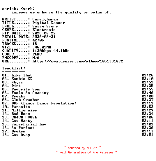 NFO for the release 6arelyhuman-Digital_Dancer-16BIT-WEB-FLAC-2026-ENRiCH by ENRiCH