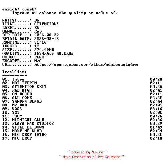 NFO for the release B6-ATTENTION-24BIT-WEB-FLAC-2026-ENRiCH by ENRiCH