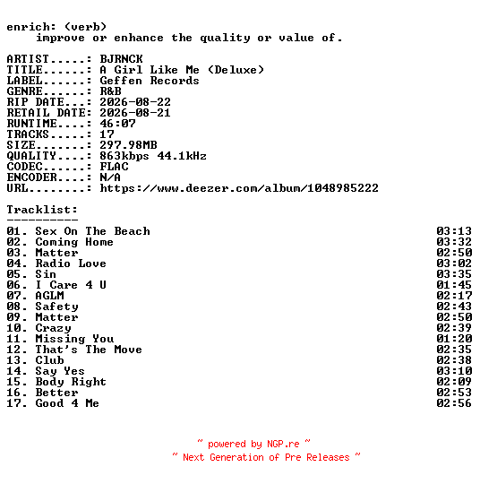 NFO for the release BJRNCK-A_Girl_Like_Me_(Deluxe)-16BIT-WEB-FLAC-2026-ENRiCH by ENRiCH