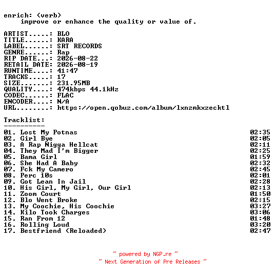 NFO for the release BLO-KARA-16BIT-WEB-FLAC-2026-ENRiCH by ENRiCH