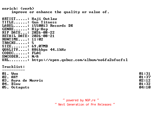 NFO for the release Haji_Outlaw-Gun_Titness-EP-16BIT-WEB-FLAC-2026-ENRiCH by ENRiCH